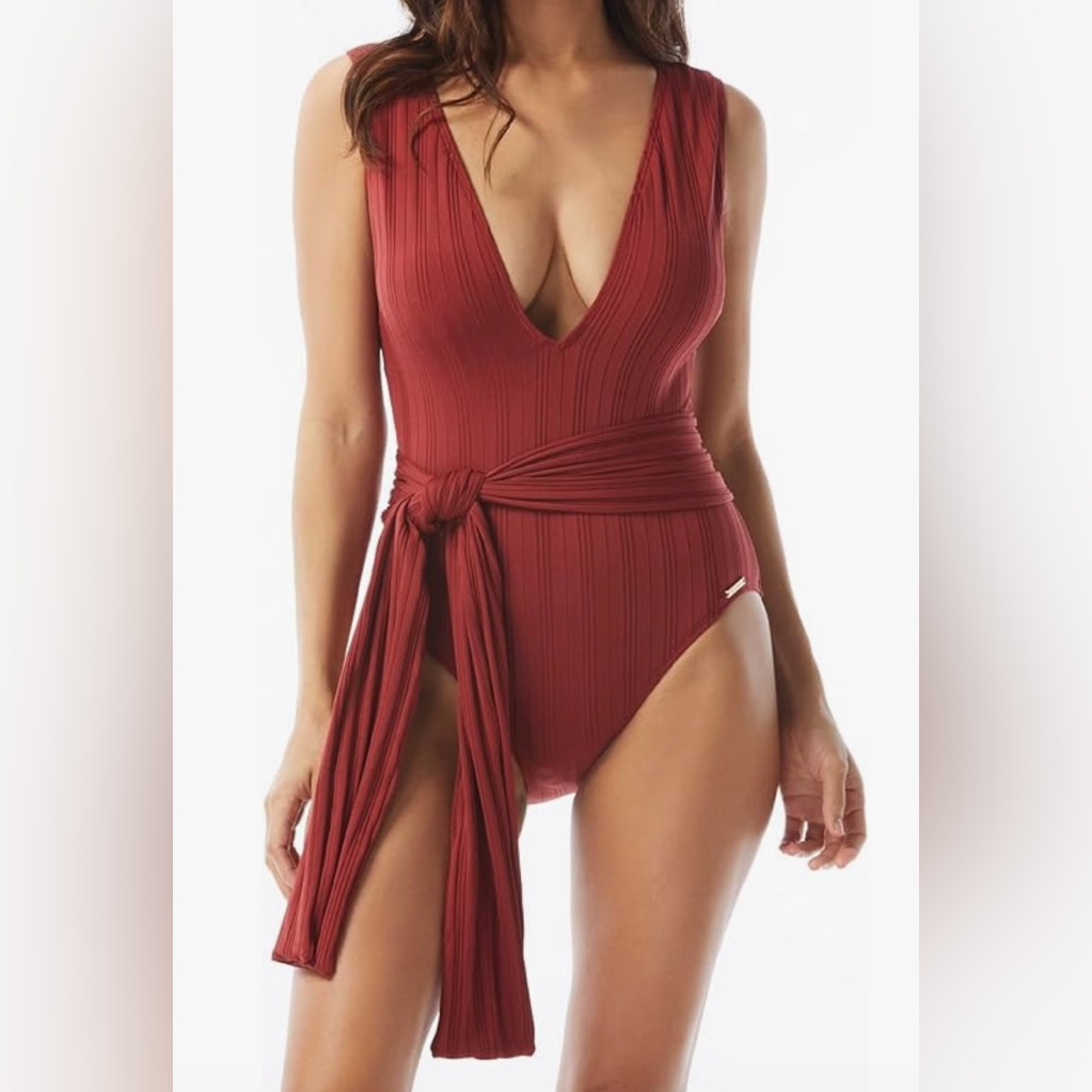 Nwt Vince Camuto V-Neck Plunge One Piece Swimsuit W Removable Belt Sz 10 Sangria